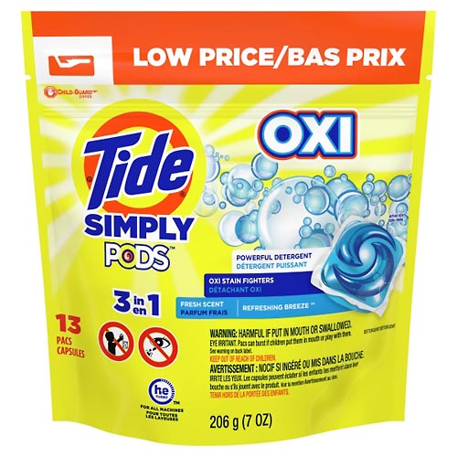 Image for Tide Detergent, Oxi, Refreshing Breeze, 3 in 1,13ea from AJ Pharmacy/Convenience Store