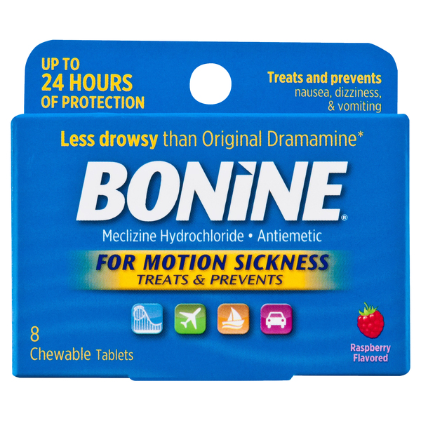 Image for Bonine Meclizine Hydrochloride, Antiemetic, Raspberry Flavored, Chewable Tablets,8ea from AJ Pharmacy/Convenience Store