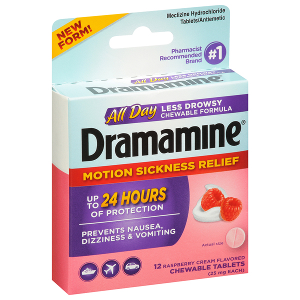 Image for Dramamine Motion Sickness Relief, 25 mg, Raspberry Cream Flavored, Chewable Tablets,12ea from AJ Pharmacy/Convenience Store