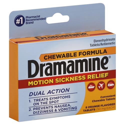 Image for Dramamine Motion Sickness Relief, 50 mg, Chewable Tablets, Orange Flavored,8ea from AJ Pharmacy/Convenience Store